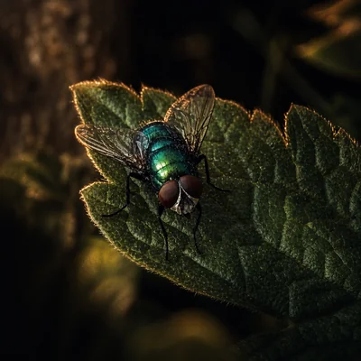 A green bottle fly on a backlit leaf, red compound eyes facing the viewer — The Britographer