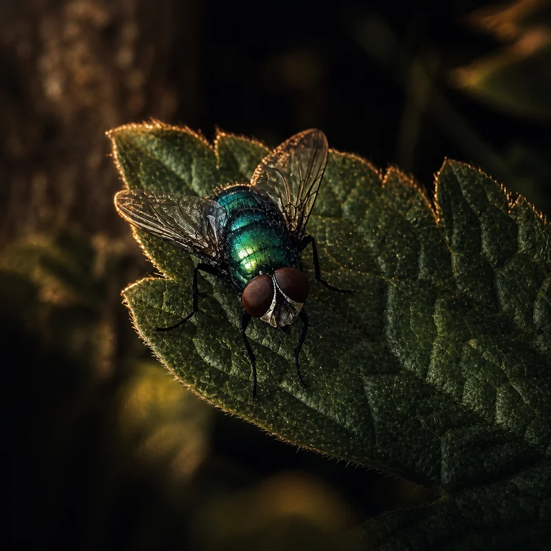 A green bottle fly (Lucilia sericata) on a backlit hairy leaf, the deep red compound eyes facing the viewer, metallic emerald thorax catching low golden light — The Britographer