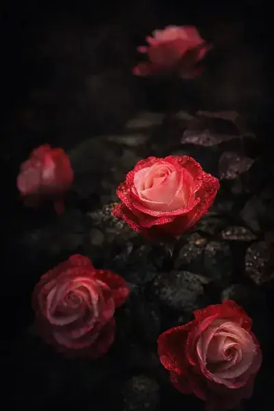 Deep red roses with rain-damp petals, British garden